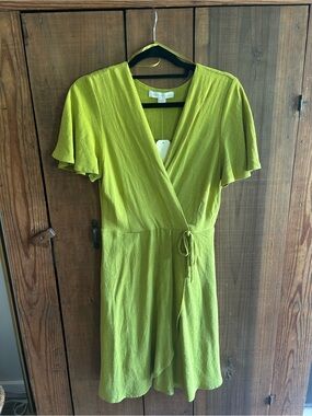 Monteau Lime Green Wrap Midi Dress with Flutter Sleeves